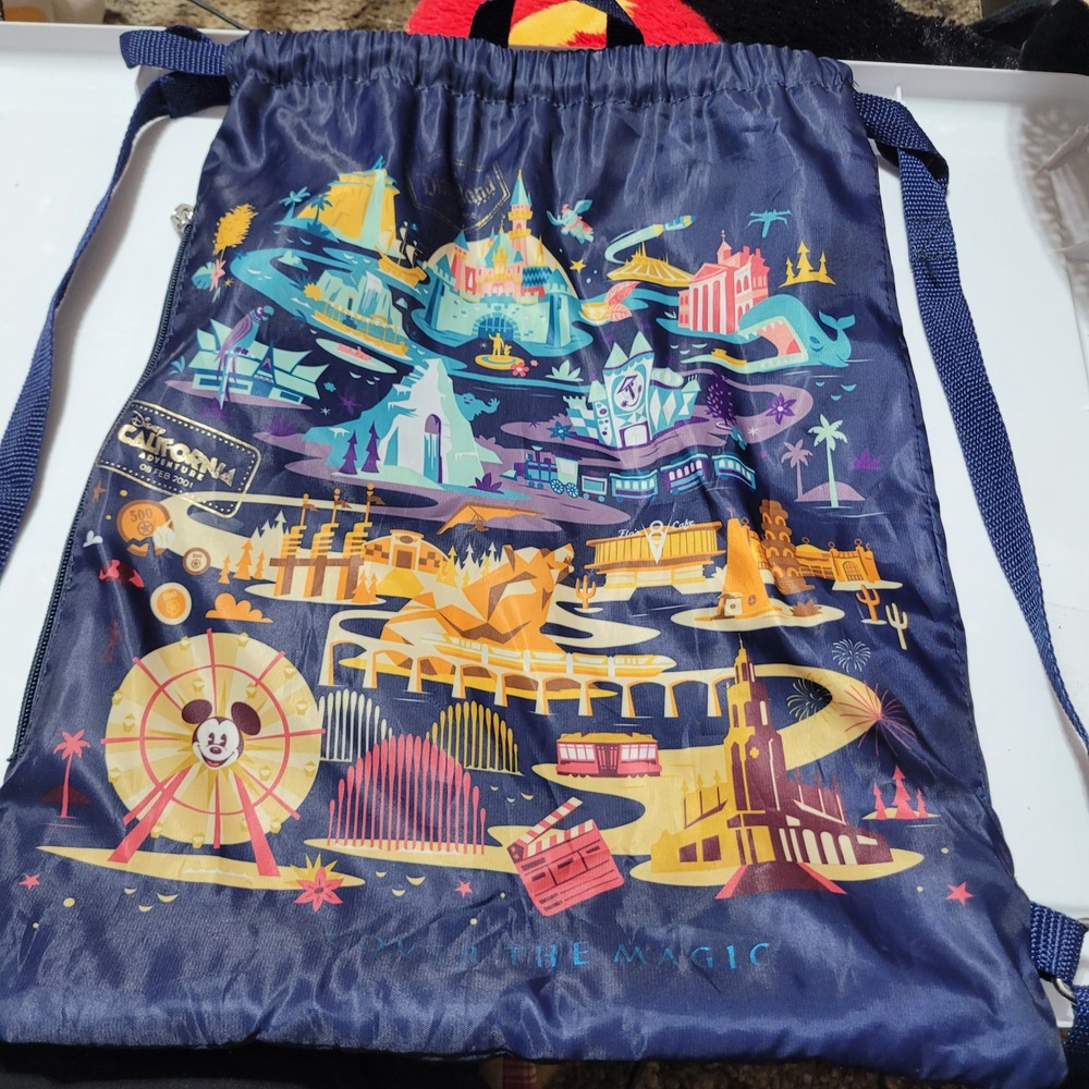 Disney Parks California Adventure Map Drawstring Cinch Backpack Navy Blue Bag